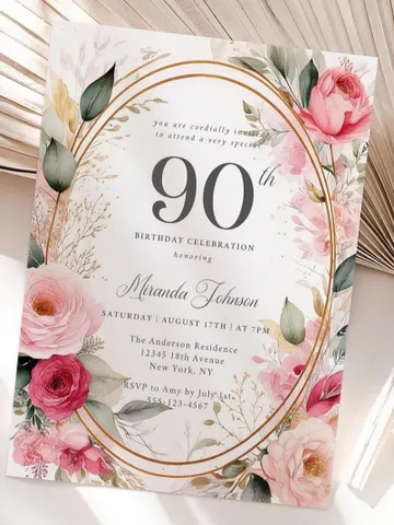 90th Birthday Invitation for Women – Blush Pink & Gold Floral, Elegant Printable Party Invite for Grandma or Mom, Digital Canva Template $7.00