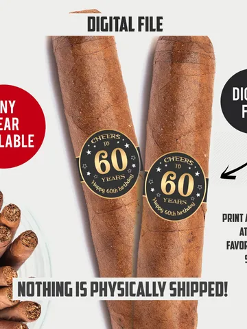 Cigar Labels 60th Birthday Cigar Band, Cheers to 60 years Cigar Labels, Men Cigar Party, Cigar Bar Printable Instant Download - ST001 $5.00