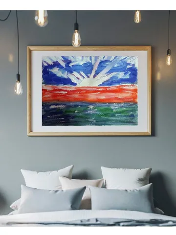 Beautiful Sinrise Seascape Painting Gouache Art on Paper $53.00