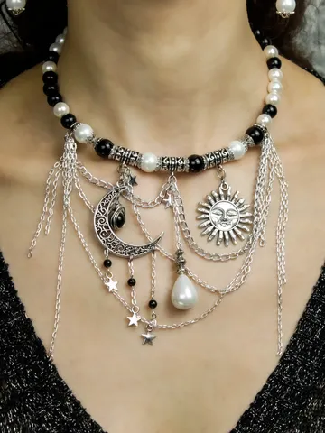 Handmade Statement Necklace with Pearls, Obsidian – Unique Celestial Jewelry $59.00