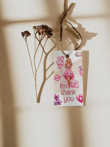 Doll thank you tag sticker party hot pink girl birthday thank you party supplies bar12 $10.45