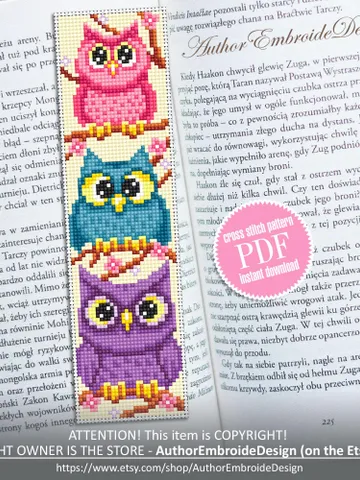 Owl bookmark cross stitch pattern PDF download Funny birds cross stitch chart, Cute bookmark pattern digital PDF, Book lover gift #B418 $4.40
