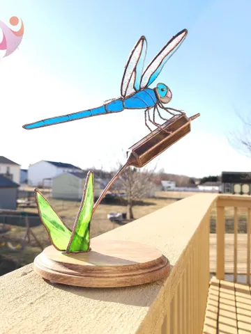 3D Stained Glass Dragonfly Mounted on Cattail Tabletop Sculpture Unique Luxury Gift Realistic Glassworks Antique Feel Contemporary Folk Art $240.00