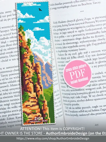 Zion national park bookmark cross stitch pattern PDF download Nature cross stitch chart, Digital bookmark pattern, Mountain landscape #B221 $4.40