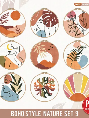 Bundle of 9 Boho Style modern cross stitch woman cross stitch patterns nature home decor beginners embroidery counted gift DIY instant PDF $19.90