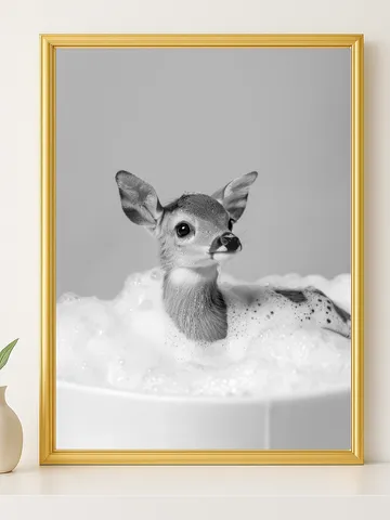 Baby Deer in Bubble Bath Wall Art, Cute Woodland Animal Bathroom Print, Adorable Fawn Décor, Digital Download