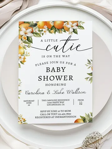 Editable A Little Cutie is on the Way Greenery Orange Gender Neutral Couples Baby Shower Invitation Invites Template Instant Download $7.00