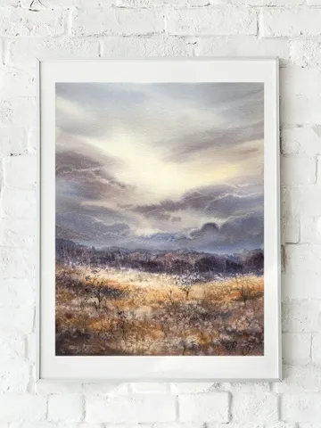 Landscape Watercolor Painting Fields Landscape Meadow Painting $165.74
