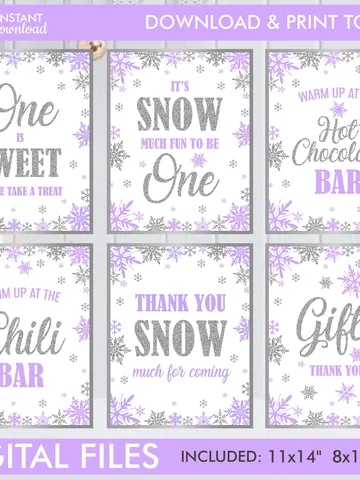 Winter Onederland Signs, Winter Onederland Birthday Girl Decorations, Purple Silver Snowflakes First Birthday Decorations Instant Download $10.00