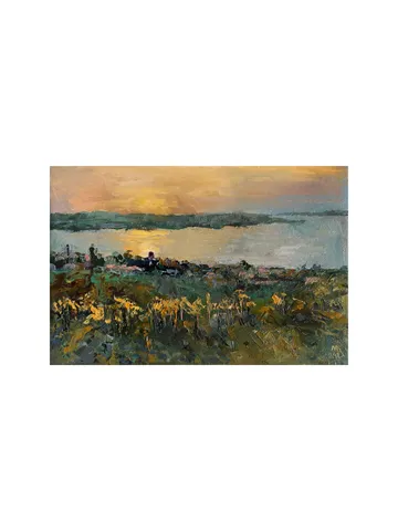 Golden Sunset Painting 8x12" ORIGINAL ART River Artwork Impressionist Seascape Signed by artist Marina Chuchko $191.00