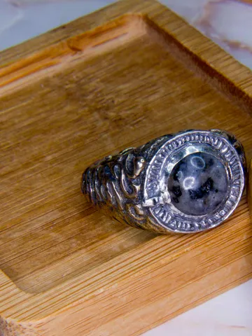 Left eye of Pontiff Sulyvahn / Pontiffs eye / Bimetal ring with larvikite (black labradorite) / Dark Souls ring / Stone $109.25