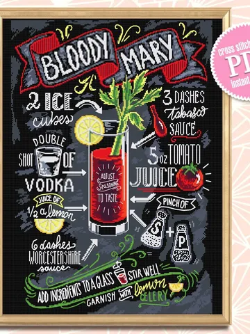 Recipe Bloody Mary cocktail cross stitch pattern PDF download Drink cross stitch chart, Bar decor, Alcohol cocktail pattern digital PDF #F10 $5.40