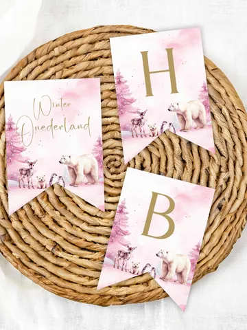 Winter Onederland Happy Birthday Banner for Girl, Pink Woodland Animal Happy 1st Birthday Banner Printable, Winter Birthday Decor - i123
