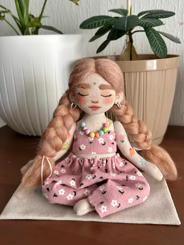 Textile doll yoga girl with blonde braids and tattoo $130.00