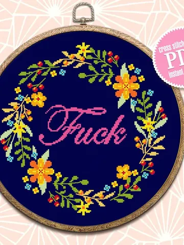 Fuck Flower wreath cross stitch pattern download PDF Floral framed quote cross stitch, Funny adult cross stitch chart, DIY home decor #Q11 $4.50