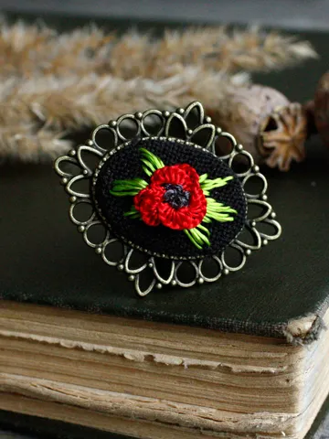 Statement Victorian cameo ring with flowers Large cocktail red poppy ring for women Handmade Ukrainian floral jewelry