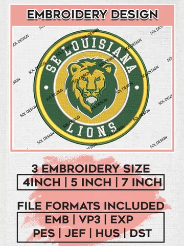 NCAA SE Louisiana Lions Round Logo Embroidery, NCAA SE Louisiana Lions Logo Embroidery files, NCAA Teams, Machine embroidery designs, Digital Download