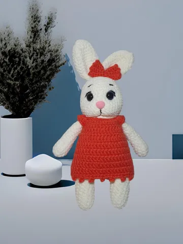 Handmade plush bunny, Crochet bunny toy, Stuffed animal bunny, Amigurumi bunny, Bunny in red dress, Soft plush toy, Easter bunny gift
