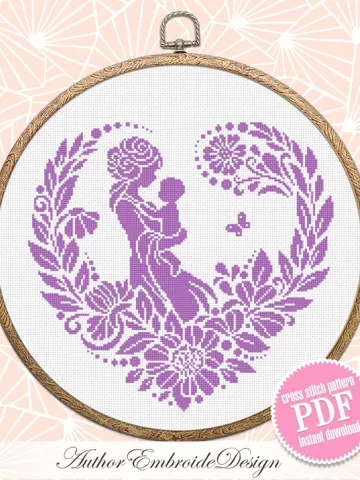 Silhouette mother baby cross stitch pattern PDF download Floral heart cross stitch chart, Monochrome pattern digital, Mothers day gift #O20 $4.50