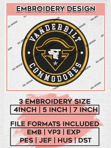 NCAA Vanderbilt Commodores Round Logo Embroidery, NCAA Vanderbilt Commodores Logo Embroidery files, NCAA Teams, Machine embroidery designs, Digital Download $6.99