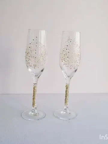 Wedding Flute set Adorned with Unique Pattern and Crystals Art Elegantce Glass $70.00