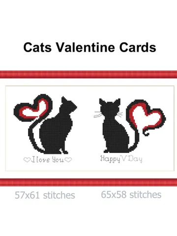 Black cats in love silhouette cross stitch pattern small with hearts Valentines day card cross stitch easy I love you xstitch counted PDF