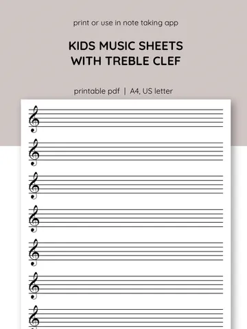 Kids printable sheet music. Sheet music with treble clef. Piano staff paper. Blank music paper. Learn piano. $1.00