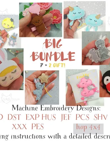 Big ITH Hair Clip Design Bundle & Tutorials (Moon, Cloud, Animals Collection), Felt Bow Pattern Pack 4x4 Hoop $35.00