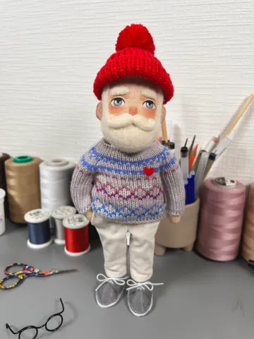 Textile doll cool bearded Santa with tattoo