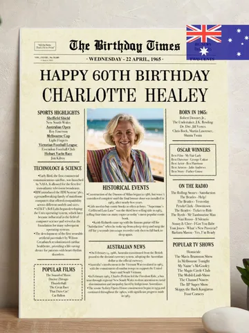 Australian 60th Birthday Newspaper poster gift, 1965 Personalized Printable, 1965 Australian facts, 60th Birthday Decoration Back in 1965 $15.00