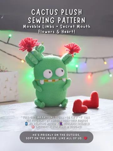 Fleece Plush Cactus PDF Pattern – Softie with Heart & Flowers $11.00