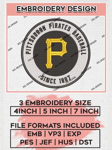 Pittsburgh Pirates Since 1887 Logo Machine Embroidery Files, MLB Pittsburgh Pirates Team Embroidery, MLB Teams, 3 sizes, MLB Machine embroidery designs, Digital Download $6.99