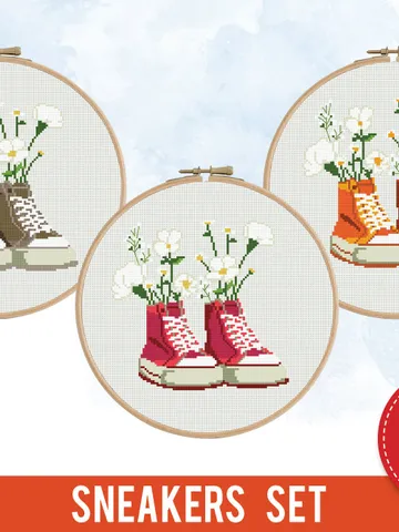 Sneakers with Flowers Bundle of 3 cross stitch pattern nature style boy girl nursery decor counted chart gift DIY embroidery, instant PDF $6.80