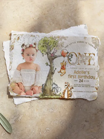 1st Birthday Winnie the Pooh Inspired ; Classic Winnie Pooh Invitations; Neutral Winnie Pooh Turning one Winnie Pooh Birthday Party poom88 $3.00
