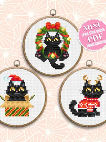 Set Christmas cats cross stitch pattern download PDF, Cute black cat embroidery PDF, Christmas mini cross stitch, Funny home cat decor #N78 $5.50