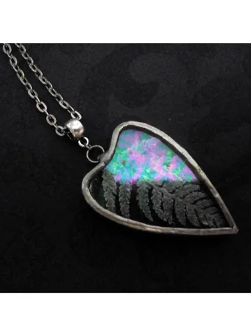Valentine necklace, Iridescent Stained glass, heart necklace, heart with pressed fern, dry fern necklace, terrarium $52.00