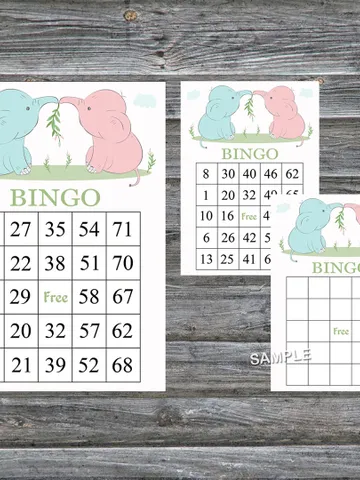 Baby Elephant bingo cards,Elephant bingo game,Elephant printable bingo cards,60 Bingo Cards,INSTANT DOWNLOAD--195 $3.95