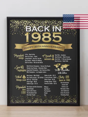40th Anniversary Chalkboard Poster Sign, 40 Years Ago Back in 1985 USA Events, White & Gold, 1985 Work anniversary or Retire poster gifts $7.99