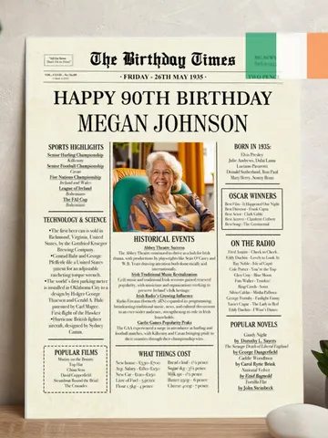 90th birthday NEWSPAPER poster, 90th birthday gift for women or men, 90th birthday poster, 1935 birthday party for Ireland, Irish highlights $15.00