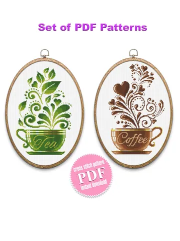 Coffee tea set cross stitch pattern download PDF Modern sampler coffee embroidery beginners Easy cute cross stitch kitchen decoration #S61 $8.00