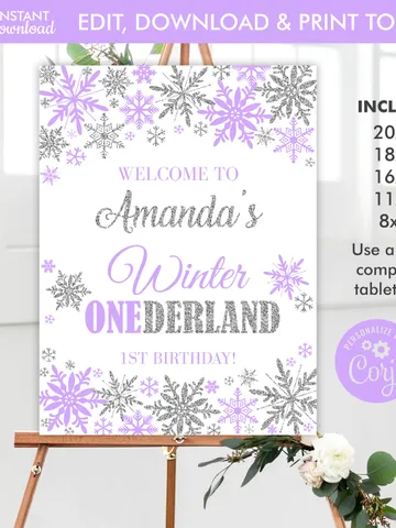 Winter Onederland Welcome Sign Purple Silver Winter Onederland 1st Birthday Girl Decorations, Snowflake Birthday Sign, Editable Template $9.00