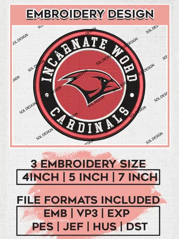 NCAA Incarnate Word Cardinals Round Logo Embroidery, NCAA Incarnate Word Cardinals Logo Embroidery files, NCAA Teams, Machine embroidery designs, Digital Download