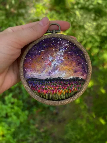 Embroidered and needle felted painting "Under the amber sky" $280.00