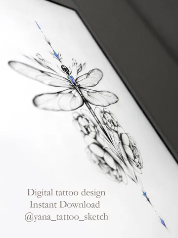 Dragonfly Tattoo Design Flowers And Dragonfly Tattoo Idea Stencil Sketch, Instant download PDF, JPG