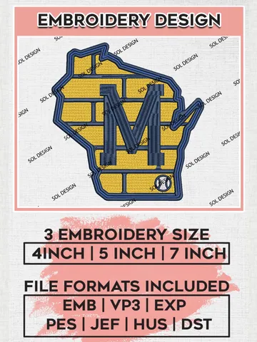 Milwaukee Brewers Map Logo Machine Embroidery Files, MLB Milwaukee Brewers Team Embroidery, MLB Teams, 3 sizes, MLB Machine embroidery designs, Digital Download $6.99