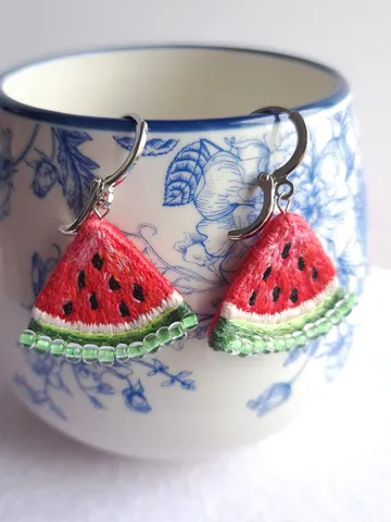 Watermelon Earrings Embroidery Jewelry Handcrafted Seed Bead Dangles Fun Summer Party Fashion Quirky Jewelry Accessory Gift