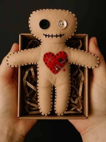 Handmade voodoo doll with red heart and button eyes – featured in beginner-friendly PDF sewing tutorial $3.15