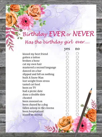 Flowers Birthday ever or never game,Adult Birthday party game-fun games for her-Instant download $1.75