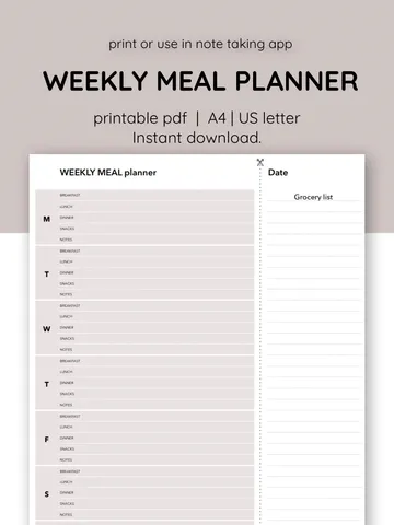 Weekyl meal planner with grocery list. Family budget. Weekly menu. Menu planner sheet. Household planner. $1.00