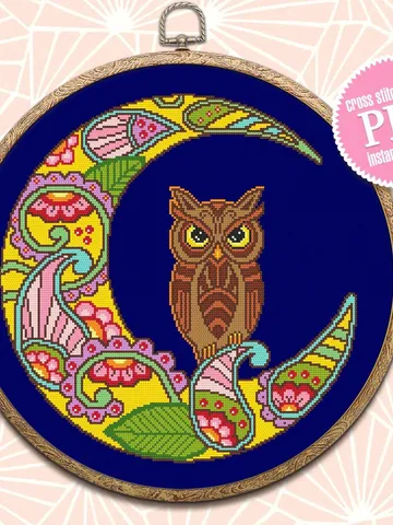 Crescent moon cross stitch pattern download PDF, Colorful mandala cross stitch, Mandala pattern digital PDF, Owl cross stitch chart #M98 $4.60